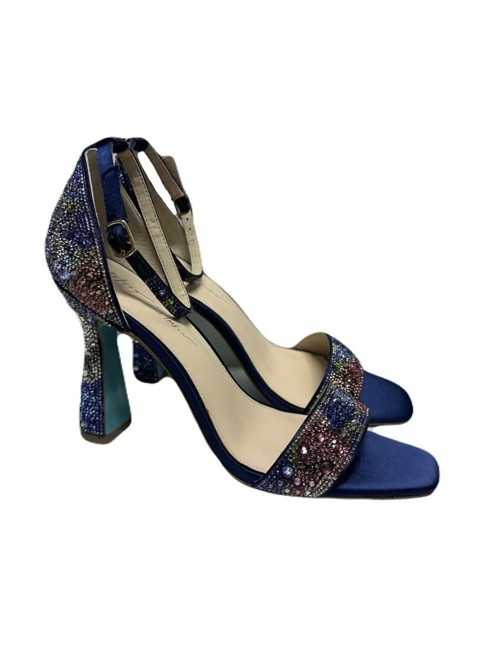 Betsey Johnson Navy Satin Multi-Crystal Ankle Strap Block Heel